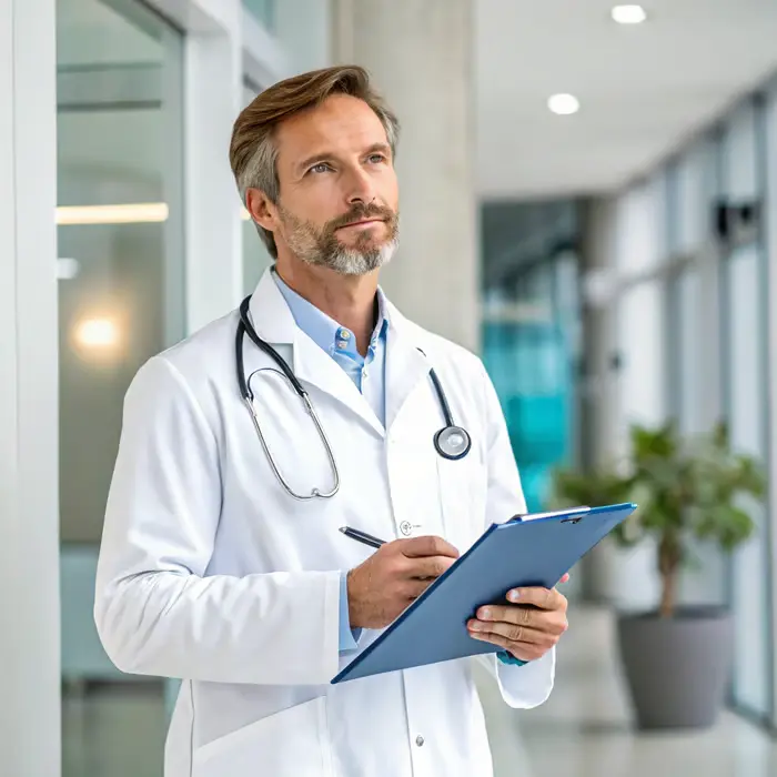 Doctor Using Medical Headphones and Reviewing Documents – Healthcare Marketing Insights by Healvia Team in Dubai