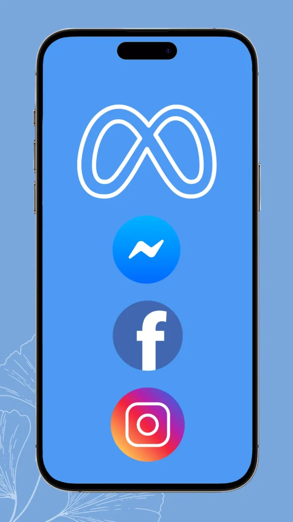 illustration of a phone screen showing meta logo with logos of messenger, facebook, and instagram