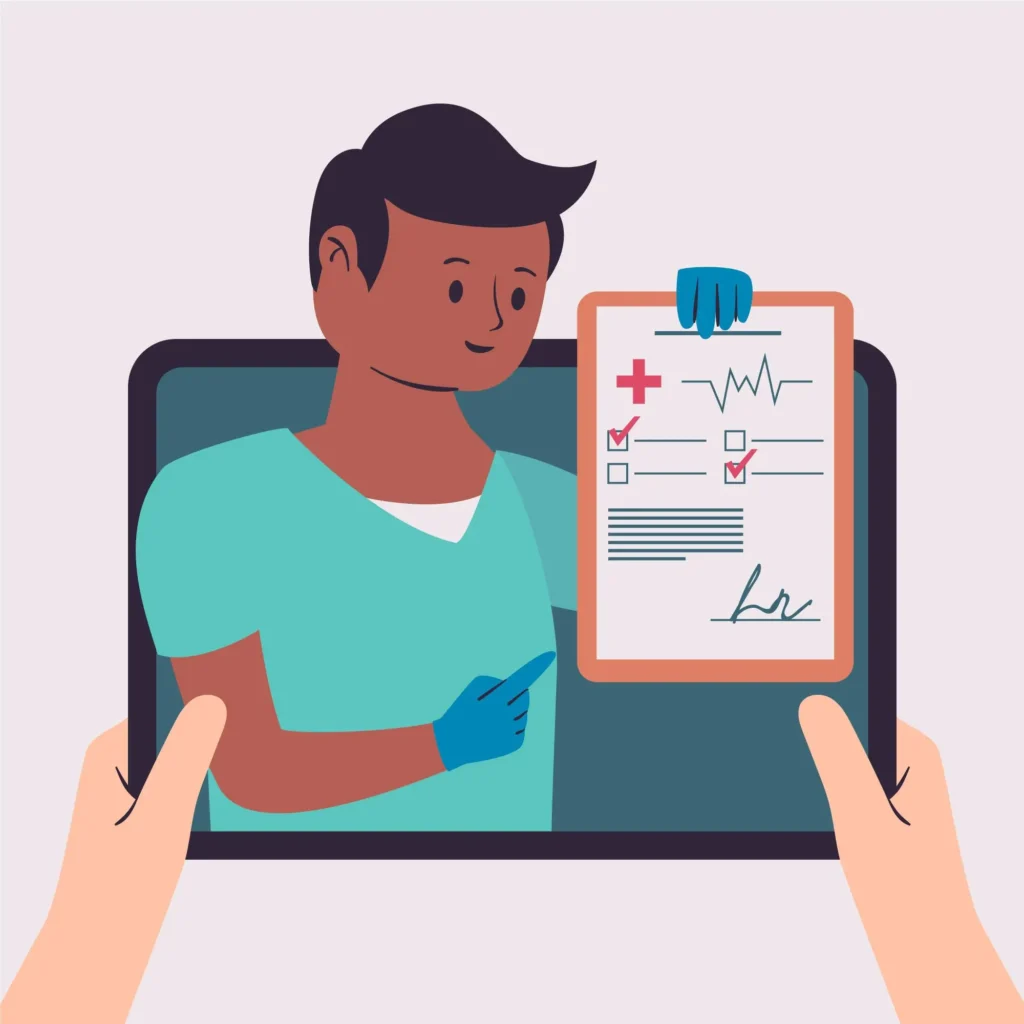 an illustration of a hands holding a tablet showing a doctor tutorial on screen