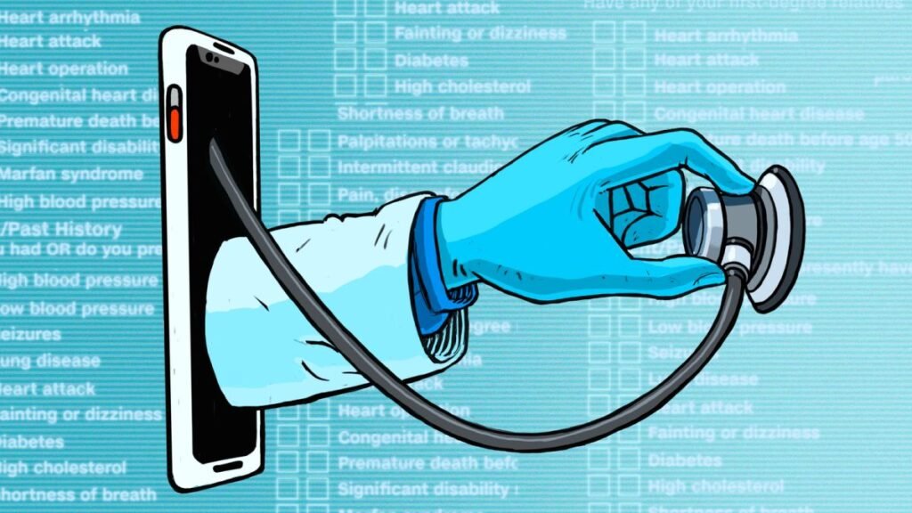 illustration of a doctor hand holding medical headset coming out of a mobile phone