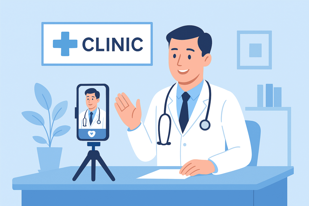 Doctor online presence illustrated by a physician holding a tablet showing a clinic website, highlighting the importance of Healthcare Social Media Marketing for healthcare professionals.